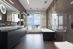 Темные стены в ванной: особенности стиля и интерьера